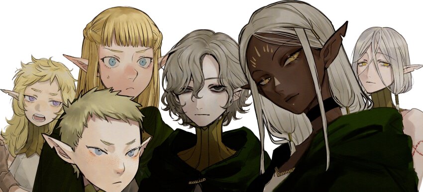 2boys 4girls arm_tattoo bags_under_eyes bare_shoulders black_eyes blonde_hair blue_eyes braid choker cithis cloak dark-skinned_female dark_elf dark_skin dungeon_meshi elf facial_mark fleki forehead_mark gorget green_cloak grey_hair hair_around_ear highres hood hooded_cloak lazy_eye long_hair looking_at_viewer low_twintails lycion ma2_ereki medium_hair mithrun multiple_boys multiple_girls notched_ear open_mouth otta_(dungeon_meshi) pattadol pointy_ears purple_eyes short_hair simple_background sweatdrop tattoo tunic twintails uneven_eyes very_short_hair white_background yellow_eyes