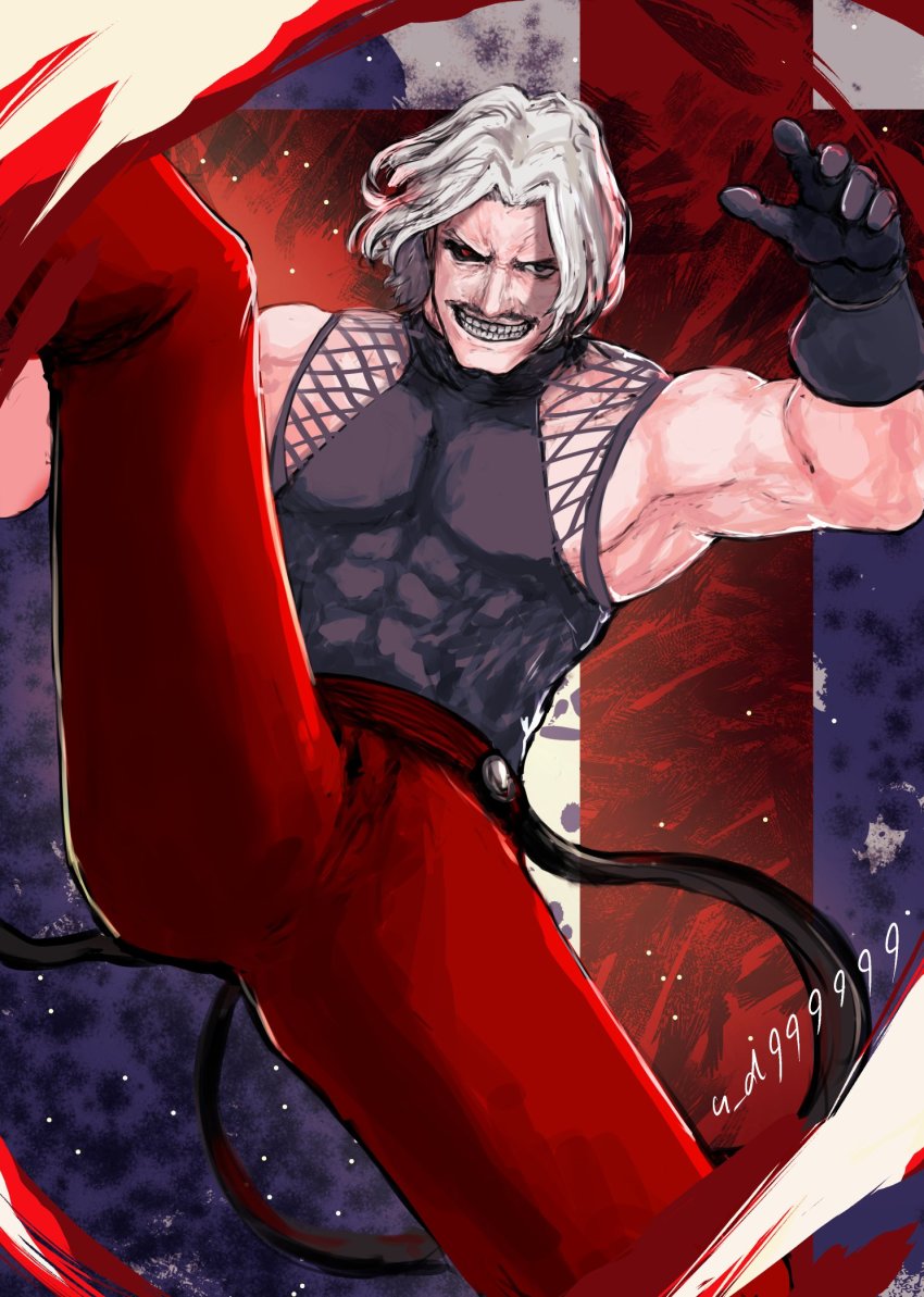 1boy facial_hair fingerless_gloves gloves highres long_hair looking_at_viewer male_focus muscular mustache omega_rugal red_eyes rugal_bernstein short_hair smile solo the_king_of_fighters the_king_of_fighters_xv white_hair yuu_(primenumber7)