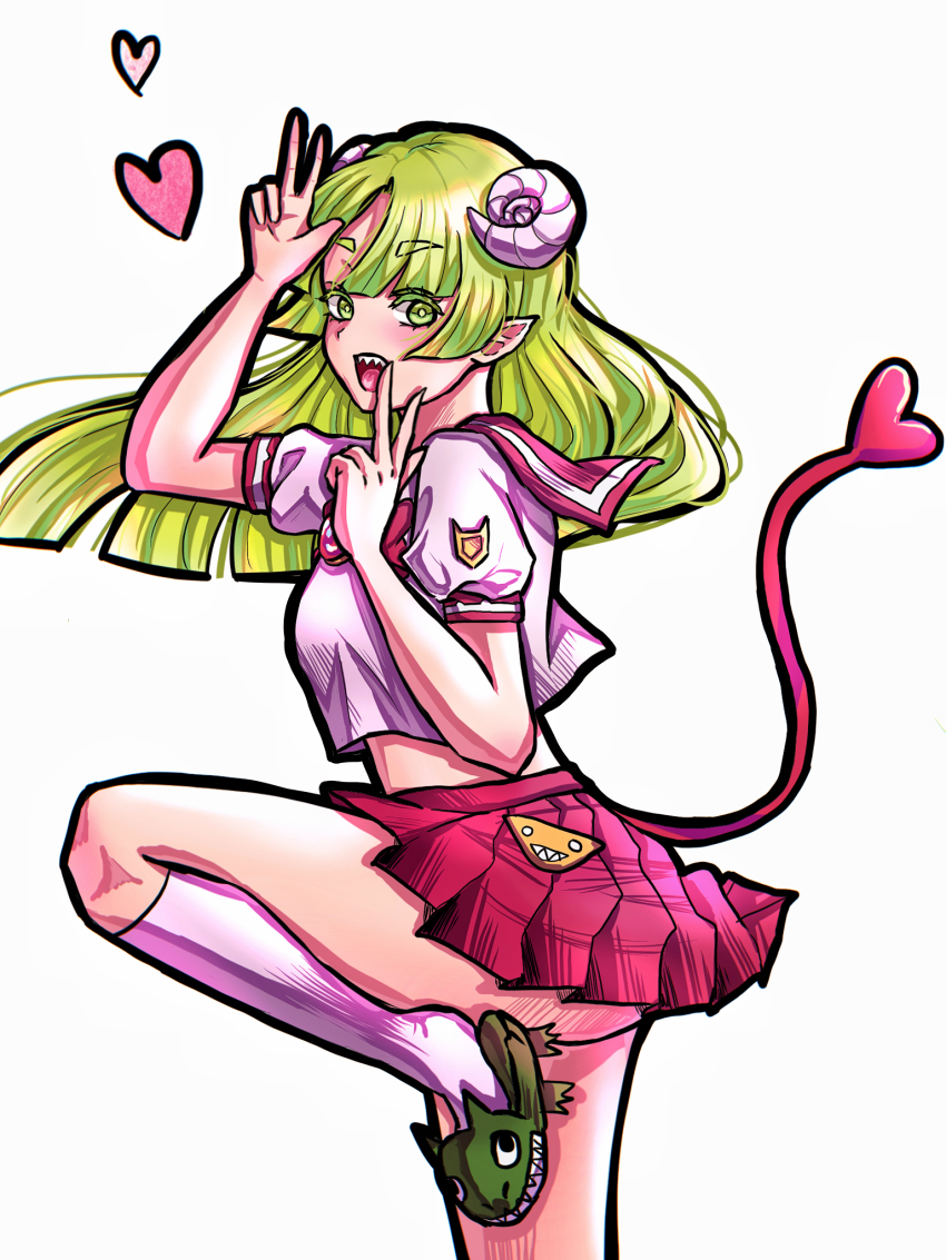 1girl azulasi babyls_school_uniform badge button_badge curled_horns demon_tail green_eyes green_hair hands_up heart highres horns kneehighs long_hair mairimashita!_iruma-kun midriff open_mouth parted_bangs pink_skirt pointy_ears school_uniform sharp_teeth shirt short_sleeves simple_background skirt slippers socks solo standing standing_on_one_leg tail teeth v valac_clara white_background white_horns white_shirt white_socks