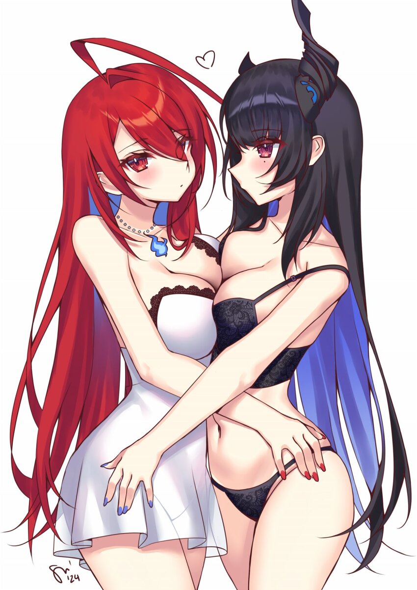 2girls ahoge asymmetrical_docking asymmetrical_horns black_hair black_panties blue_hair blush breast_press breasts cleavage closed_mouth colored_inner_hair demon_horns dot_mouth elizabeth_rose_bloodflame highres hololive hololive_english horns huge_ahoge large_breasts lingerie long_hair mole mole_under_eye multicolored_hair multiple_girls navel negligee nerissa_ravencroft panties red_eyes red_hair simple_background underwear underwear_only virtual_youtuber watashishi white_background white_negligee yuri