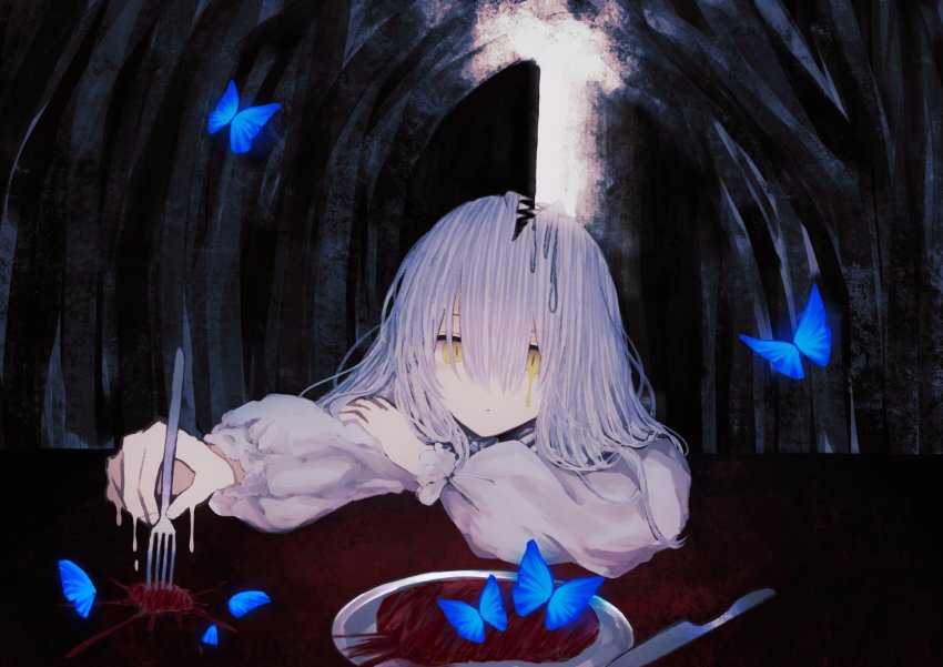 1girl blood blue_butterfly blue_pupils bug butterfly closed_mouth crying door dripping drooling extra_mouth flying fork hair_between_eyes highres holding holding_fork insect knife long_hair open_door open_mouth original plate saliva samejima_nurie sharp_teeth solo table teeth white_hair yellow_eyes