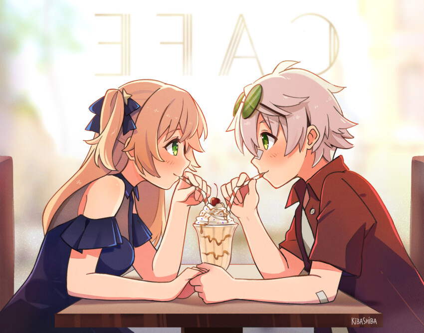 1boy 1girl alternate_costume bandaid bandaid_on_arm bandaid_on_face bandaid_on_nose bennett_(genshin_impact) blonde_hair blush booth_seating bow cafe clothing_cutout commentary dress drinking_straw eating english_commentary english_text eyewear_on_head fischl_(genshin_impact) food genshin_impact green_eyes hair_bow highres holding_hands ice_cream kibashiba long_hair looking_at_another mirrored_text open_clothes open_shirt red_shirt restaurant sharing_food shirt short_hair short_sleeves shoulder_cutout sundae two_side_up white_hair