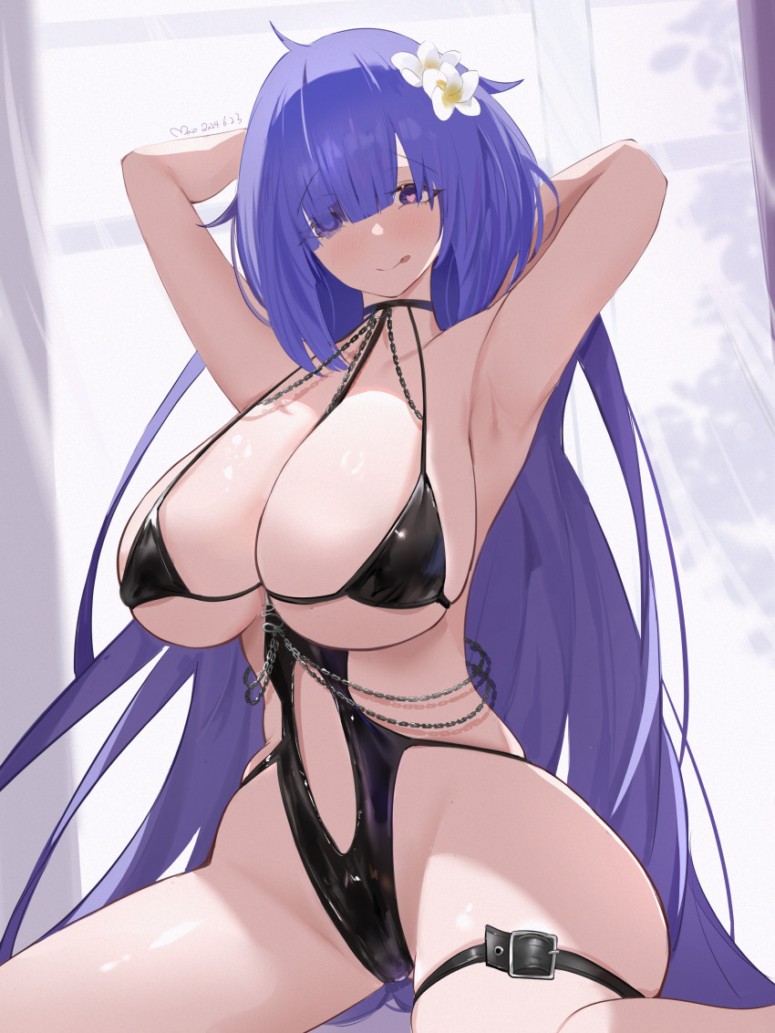 1girl 2024 absurdres armpits arms_behind_head artist_name azur_lane bare_shoulders black_one-piece_swimsuit breast_strap clothing_cutout commentary flower hair_flower hair_ornament hair_over_one_eye heart heart-shaped_pupils highres leather_bikini long_hair looking_at_viewer mogador_(azur_lane) mogador_(locker_room_lechery)_(azur_lane) navel_cutout official_alternate_costume one-piece_swimsuit purple_hair qkun solo swimsuit symbol-shaped_pupils thigh_strap tongue tongue_out very_long_hair white_flower