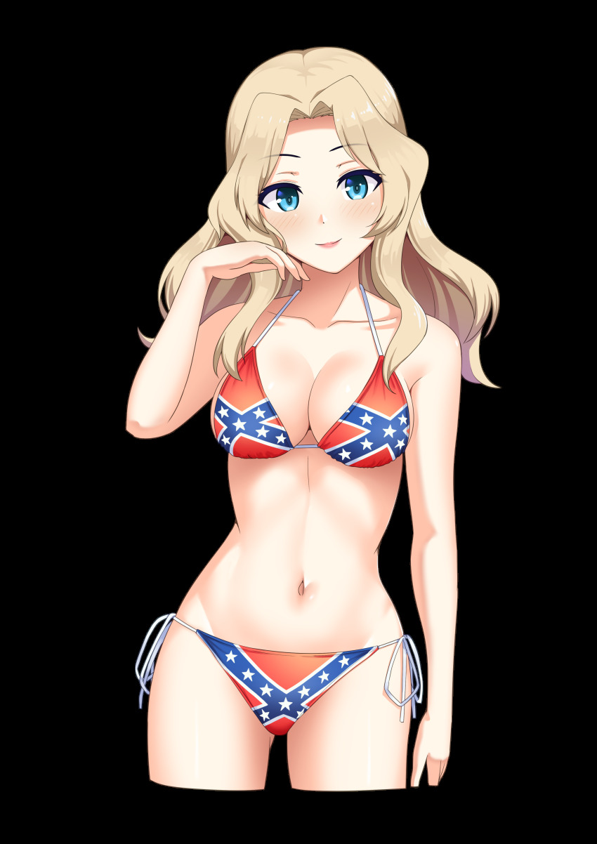 1girl absurdres artist_request bikini blonde_hair blue_eyes breasts cleavage confederate_flag confederate_flag_bikini confederate_states_of_america girls_und_panzer highres kay_(girls_und_panzer) large_breasts looking_at_viewer midriff smile solo source_request swimsuit transparent_background