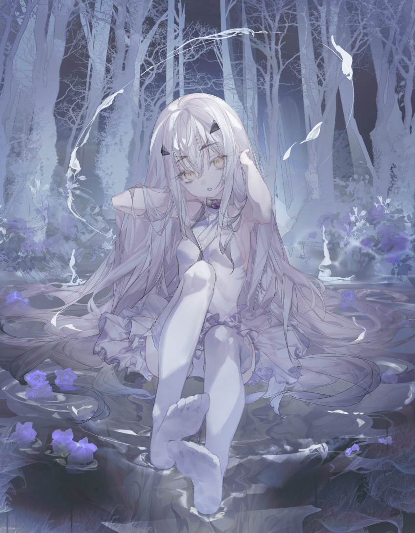 1girl :o absurdres adjusting_hair afloat breasts bush dress fate/grand_order fate_(series) flower forest forked_eyebrows hair_ornament hairclip halterneck highres lake long_hair looking_at_viewer melusine_(fate) nature no_shoes open_mouth panties pantyshot ripples sideboob sidelocks sitting sleeveless small_breasts solo suimin_(sui_0y0) thighhighs tree underwear very_long_hair water white_dress white_hair white_panties white_thighhighs yellow_eyes