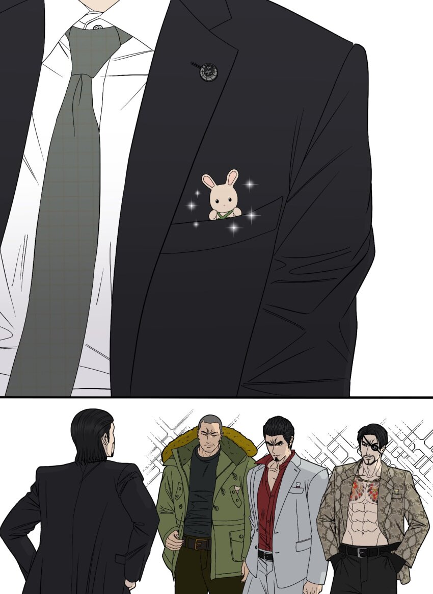 4boys cdtxufre dojima_daigo eyepatch formal_clothes hand_on_own_hip hands_in_pockets highres jacket kiryu_kazuma lapel_pin majima_goro multiple_boys pants ryuu_ga_gotoku_(series) saejima_taiga shirt short_hair smile suit suit_jacket sylvanian_families