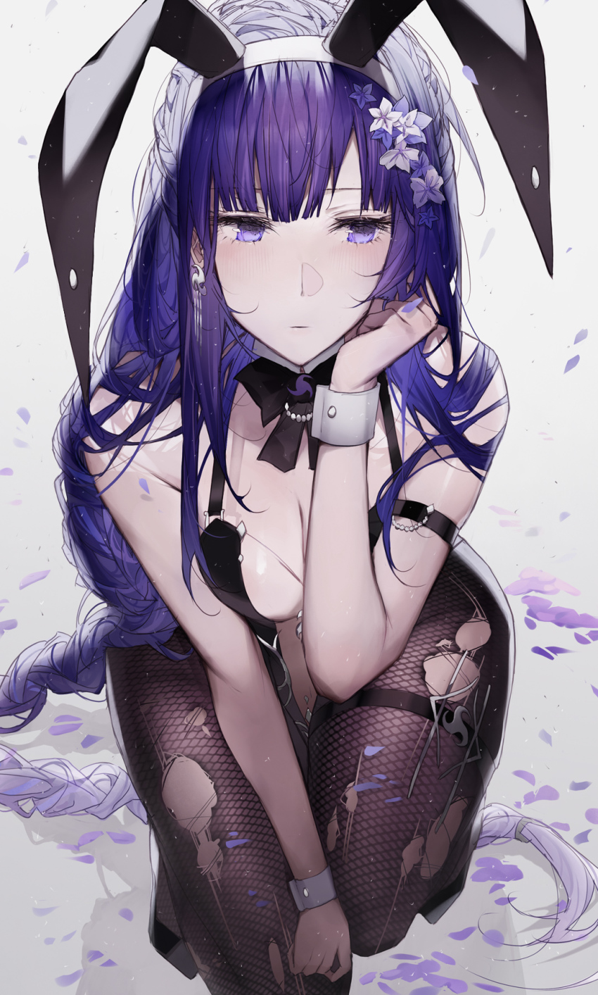 1girl animal_ears asymmetrical_bangs bad_id bad_pixiv_id black_bow black_bowtie black_footwear black_leotard black_pantyhose blush bow bowtie braid breasts detached_collar earrings fake_animal_ears fishnet_pantyhose fishnets flower genshin_impact hair_flower hair_ornament head_rest high_heels highres jewelry large_breasts leotard long_hair looking_to_the_side low-braided_long_hair low-tied_long_hair pantyhose playboy_bunny purple_eyes purple_hair qiandaiyiyu rabbit_ears raiden_shogun ring solo squatting torn_clothes torn_pantyhose wedding_band wrist_cuffs