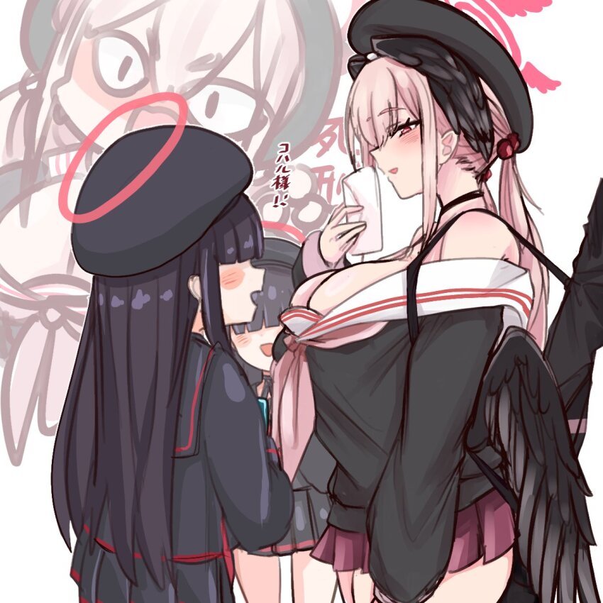 &lt;|&gt;_&lt;|&gt; 3girls alternate_breast_size bare_shoulders beret black_choker black_hat black_sailor_collar black_serafuku black_skirt black_wings blue_archive blunt_bangs blush breasts bursting_breasts choker covered_eyes envelope feathered_wings hair_bobbles hair_ornament hair_over_eyes halo hat head_wings highres holding holding_envelope huge_breasts justice_task_force_member_(blue_archive) koharu_(blue_archive) long_hair long_sleeves looking_at_another low_wings multiple_girls neckerchief open_mouth pink_eyes pink_hair pink_halo pink_neckerchief pink_skirt pleated_skirt sailor_collar school_uniform serafuku shiming_liangjing skirt smile thighs translation_request twintails weapon_case white_background white_sailor_collar wings