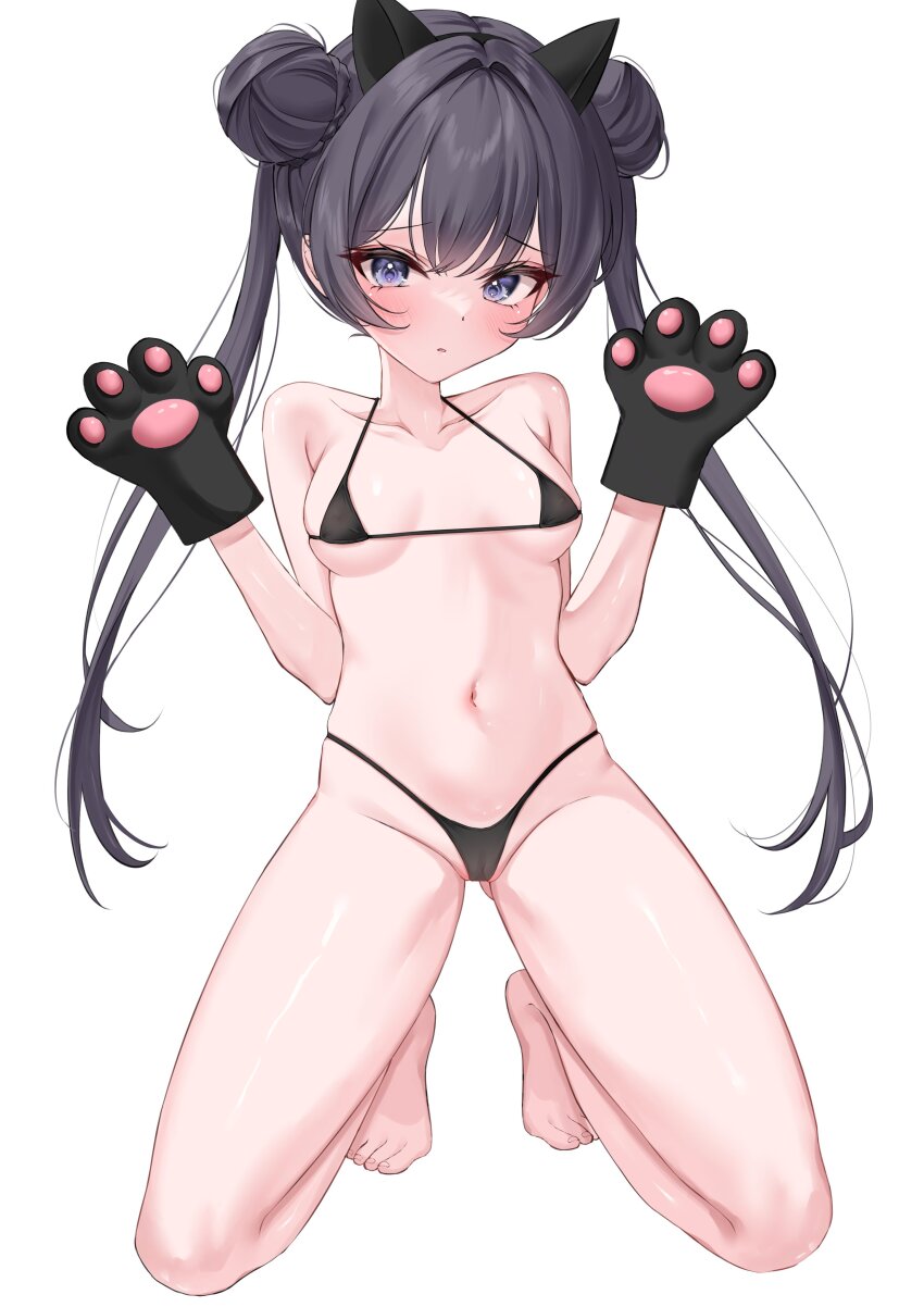 1girl absurdres alternate_costume animal_ears bikini black_eyes black_hair blue_archive blush cat_ears cat_paws dot_nose full_body gloves highres kisaki_(blue_archive) kneeling legs_apart long_hair looking_at_viewer micro_bikini navel open_mouth paw_gloves paw_pose shy simple_background solo spread_legs swimsuit tiptoes twintails twitter wfa5051 white_background