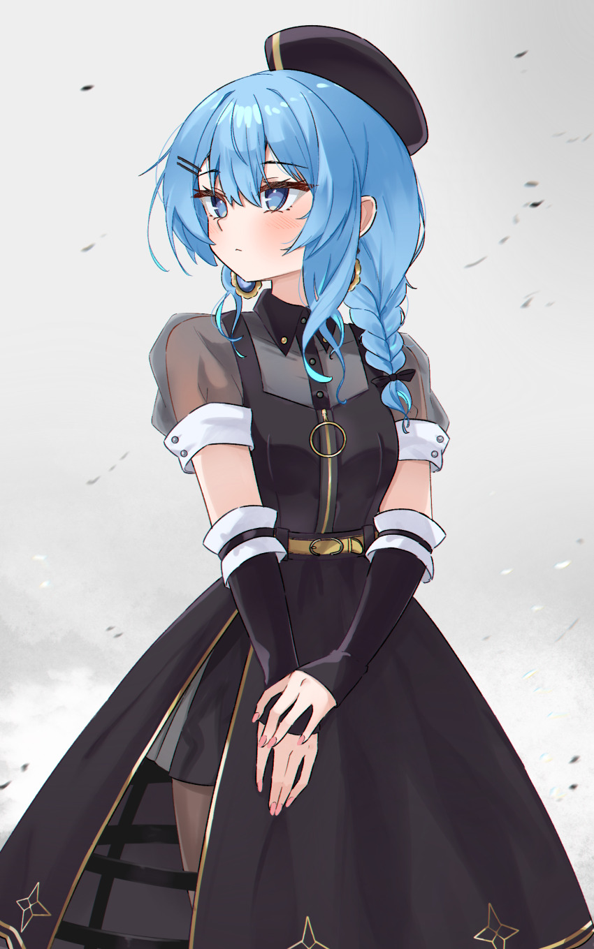 1girl belt beret black_dress black_gloves black_hat black_pantyhose blue_eyes blue_hair braid breasts collared_dress crinoline double-parted_bangs dress earrings elbow_gloves fingerless_gloves gloves hair_ornament hair_over_shoulder hairclip hat highres hololive hoshimachi_suisei hoshimachi_suisei_(maid) jewelry long_hair looking_to_the_side magui3 pantyhose puffy_short_sleeves puffy_sleeves see-through_clothes see-through_sleeves short_sleeves side_braid side_slit single_braid small_breasts solo virtual_youtuber white_background