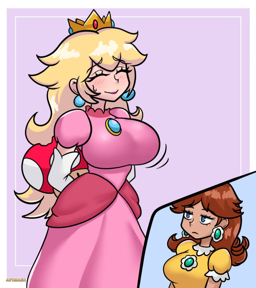 1-up_mushroom 2girls afimaki blonde_hair blue_eyes breasts brown_hair closed_eyes crown dress highres huge_breasts large_breasts long_hair mario_(series) multiple_girls mushroom nintendo princess_daisy princess_peach smile super_mario_bros._1 super_mario_land