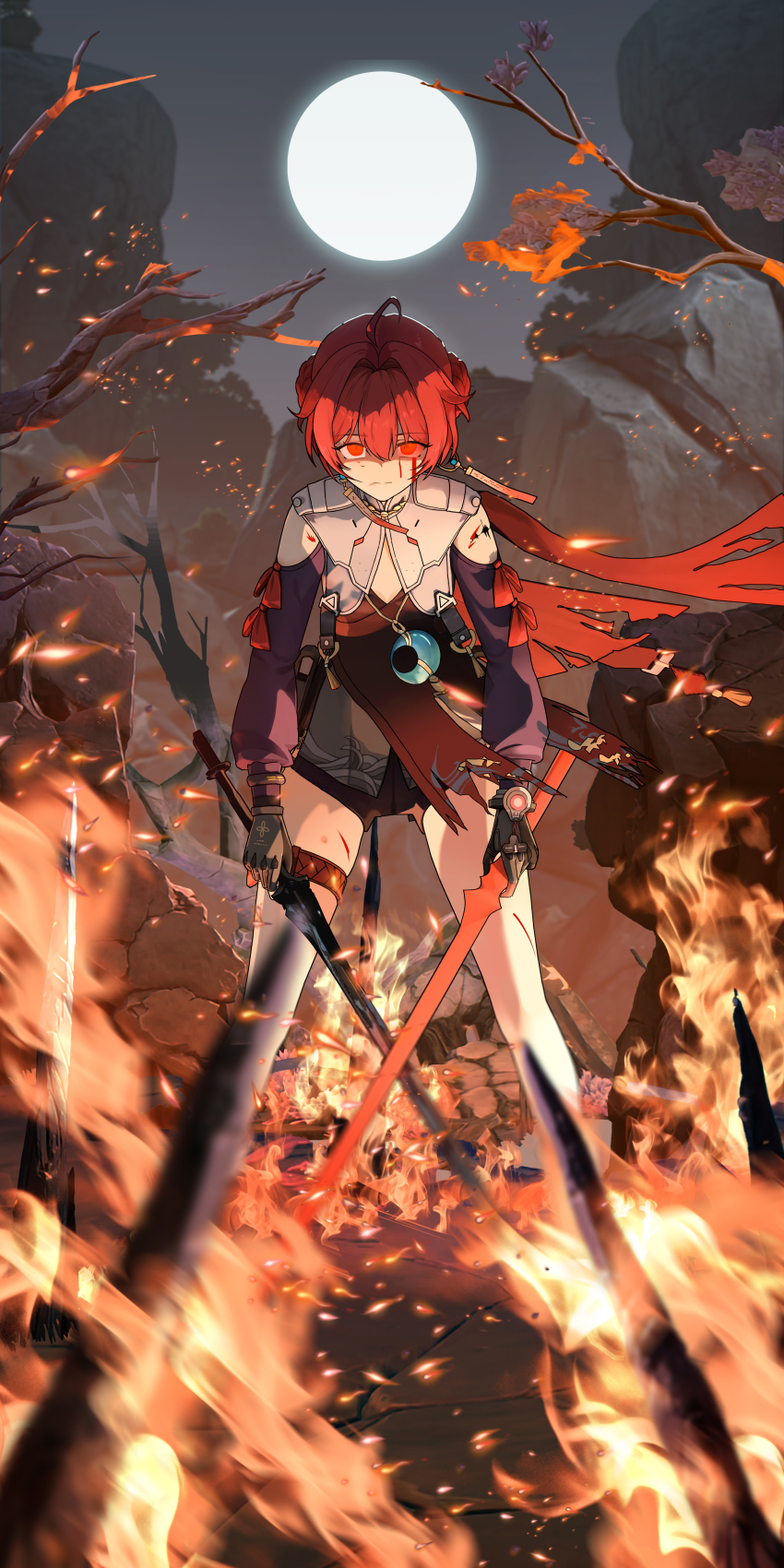 1girl absurdres ahoge black_gloves black_shorts blood bloody_tears closed_mouth clothing_cutout collar commentary danjin_(wuthering_waves) dual_wielding english_commentary fire folded_braid full_body full_moon gloves glowing glowing_eyes hair_between_eyes hair_intakes highres holding holding_sword holding_weapon long_sleeves looking_at_viewer moon night outdoors red_eyes red_hair ryeon_(bluetom1) scar shorts shoulder_cutout solo standing sword tacet_mark_(wuthering_waves) thigh_strap weapon white_collar wide_shot wuthering_waves