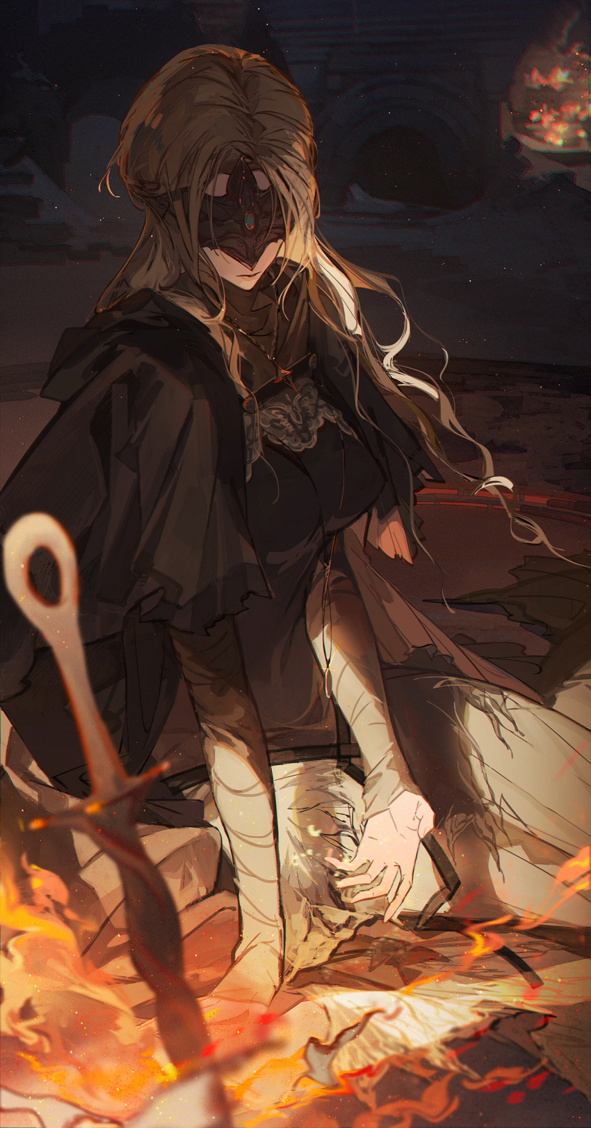 1girl absurdres black_cloak black_dress blonde_hair blurry blurry_foreground bonfire_(dark_souls) breasts capelet chromatic_aberration cloak closed_mouth commentary_request covered_eyes dark_souls_(series) dark_souls_iii dress eye_mask facing_down fire fire_keeper highres jewelry large_breasts long_hair necklace satsuya sitting sitting_sideways solo sword weapon