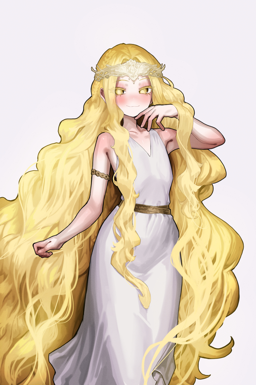 1boy absurdres blonde_hair commentary_request ekrea_jan elden_ring highres long_hair miquella_(elden_ring) simple_background smile solo trap very_long_hair yellow_eyes