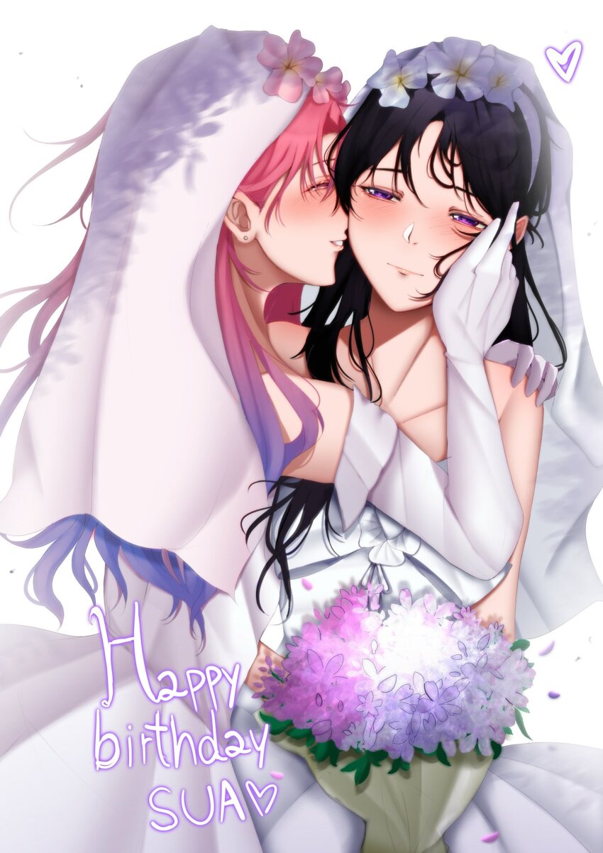 2girls alien_stage bare_shoulders birthday black_hair blue_hair blush bouquet bridal_veil bride character_name closed_eyes commentary dress elbow_gloves english_commentary female_focus flower gloves gradient_hair hair_flower hair_ornament happy_birthday heart highres kiss kissing_cheek long_hair mizi_(alien_stage) multicolored_hair multiple_girls peawillax pink_hair purple_eyes purple_flower simple_background sua_(alien_stage) two-tone_hair veil wedding_dress white_background white_dress white_flower white_gloves white_veil wife_and_wife yuri