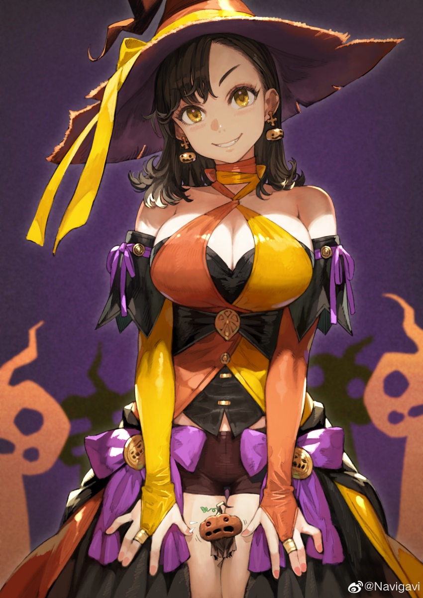 1girl absurdres bare_shoulders between_thighs black_hair breasts bridal_gauntlets brown_shorts cleavage commentary cross cross_earrings dress earrings food-themed_earrings food_themed_earrings grin halloween_costume halterneck hat highres jewelry jun_(navigavi) large_breasts medium_hair multicolored_clothes multicolored_dress original parted_bangs person_between_thighs pumpkin_earrings shorts skirt smile struggling thighs weibo_logo weibo_watermark witch_hat yellow_eyes