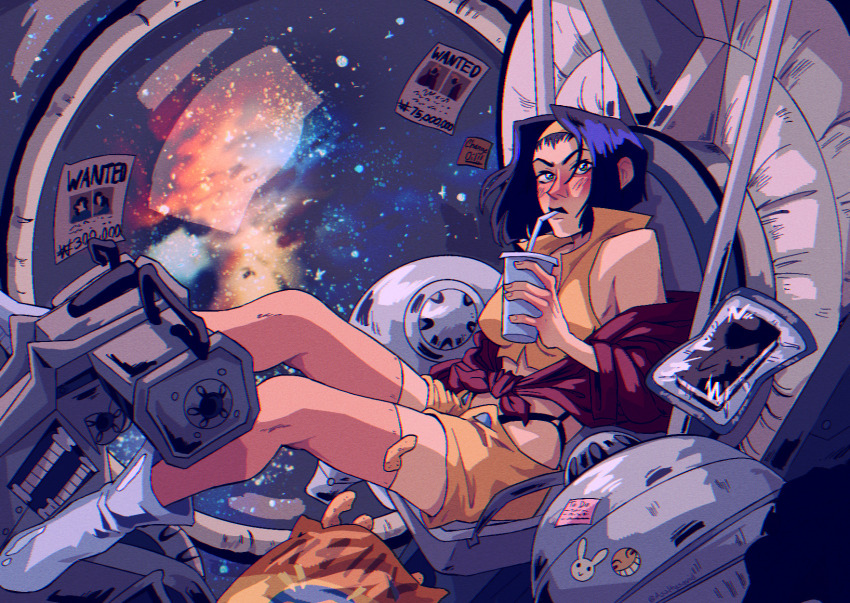 1girl asaltysquid blush breasts cheetos cowboy_bebop faye_valentine green_eyes hairband highres purple_hair science_fiction shorts sitting solo sticker universe white_footwear yellow_hairband yellow_shorts