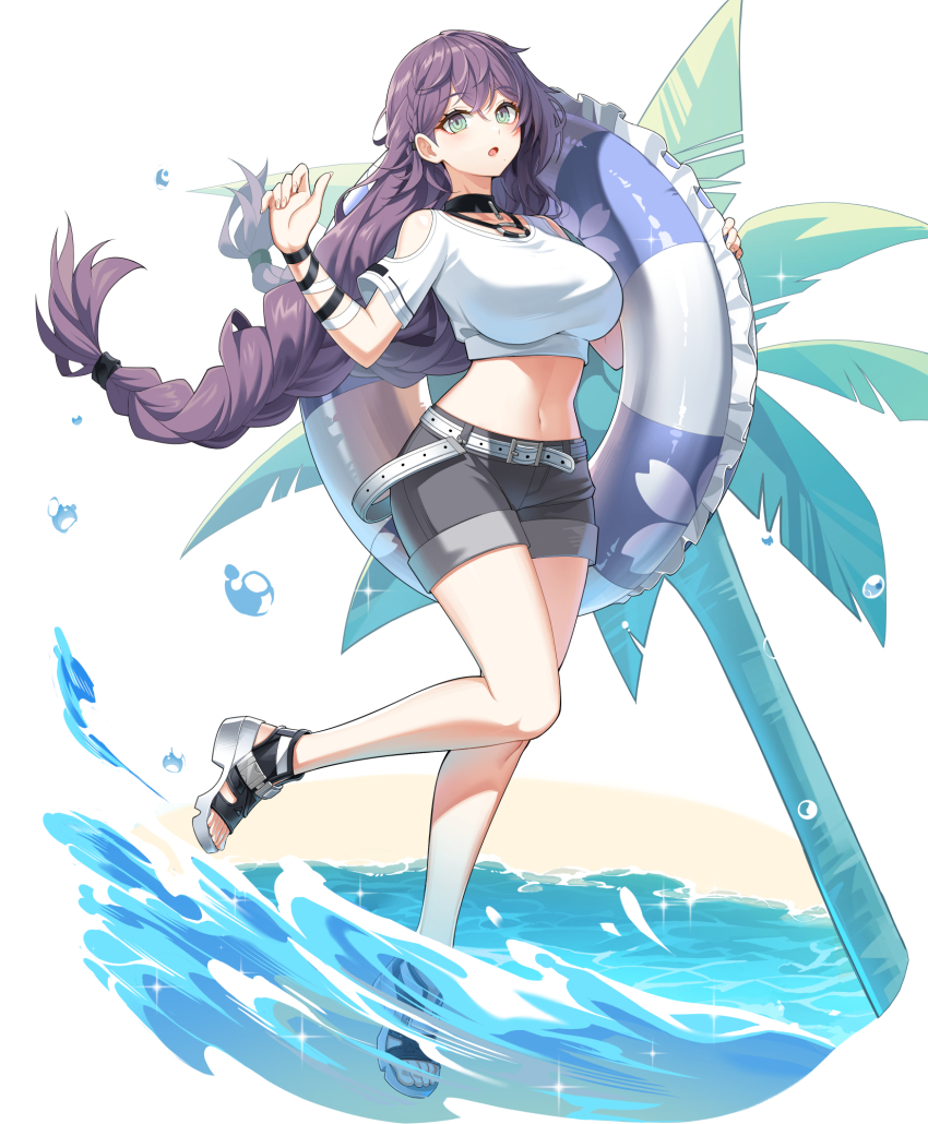 1girl :o aeri_(closers) bare_legs belt black_choker braid breasts choker closers clothing_cutout crop_top feet floating_hair green_eyes grey_shorts hand_up highres holding impossible_clothes impossible_shirt innertube large_breasts leg_up legs long_hair looking_at_viewer midriff mole mole_under_mouth navel non-web_source official_art open_mouth palm_tree purple_hair sandals shirt short_shorts short_sleeves shorts shoulder_cutout single_braid solo standing standing_on_one_leg stomach swim_ring thighs toenails toes tree very_long_hair water white_shirt wristband