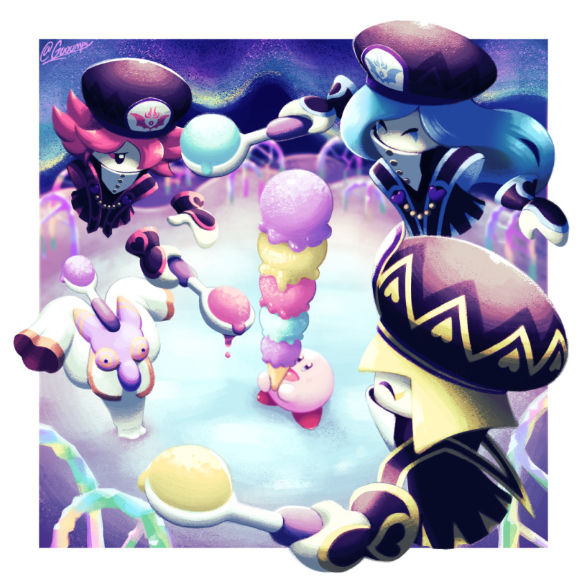 3girls black_hat blonde_hair blue_hair border colored_skin flamberge_(kirby) food francisca_(kirby) gooompy hat heart holding holding_spoon hyness ice_cream ice_cream_spoon kirby kirby:_star_allies kirby_(series) multiple_girls nintendo outside_border pink_skin rayman_limbs red_hair signature sleeves_past_fingers sleeves_past_wrists spoon too_many too_many_scoops white_border wide_sleeves zan_partizanne