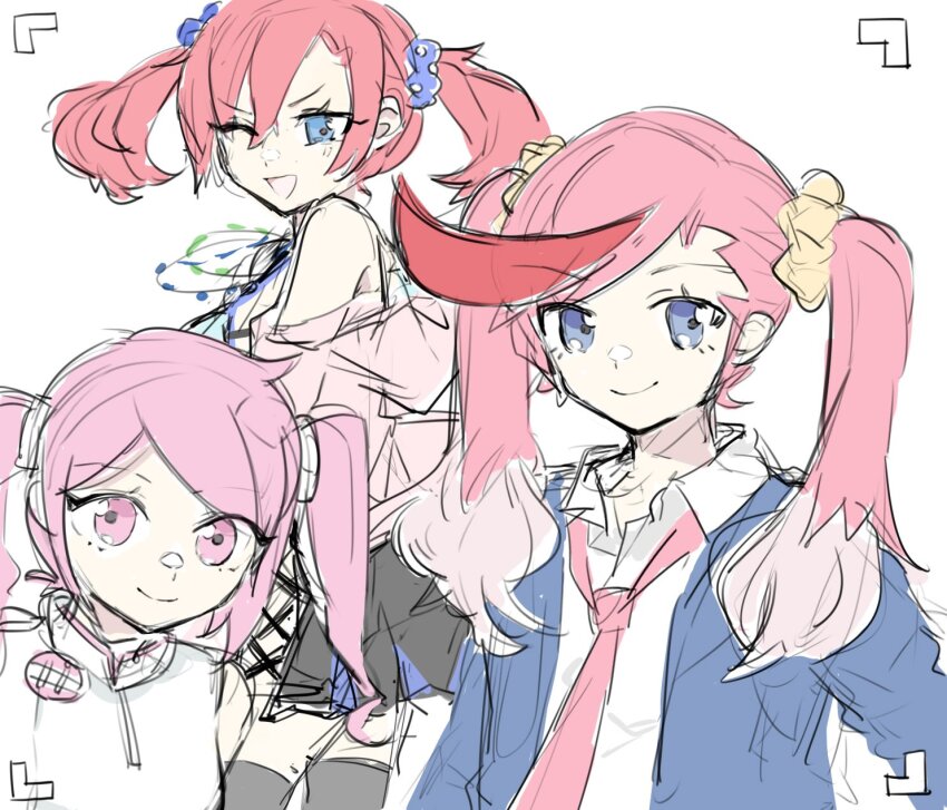 3girls blue_eyes digimon highres karan_eri looking_at_viewer multiple_girls necktie pink_eyes pink_hair red_eyes rindou_akiho shiramine_nokia smile twintails