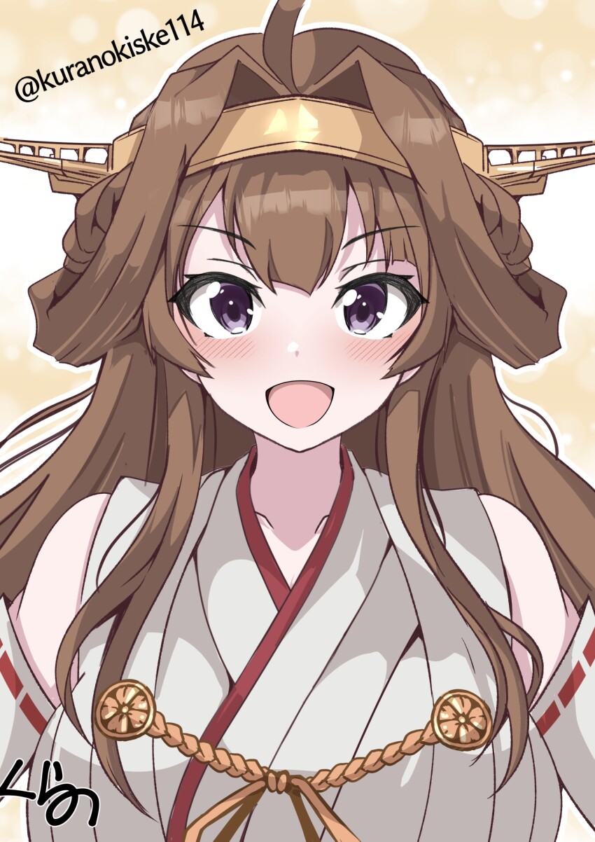 1girl ahoge artist_logo brown_hair detached_sleeves double_bun hair_bun headgear highres kantai_collection kongou_(kancolle) kurano_kisuke logo long_hair nontraditional_miko open_mouth purple_eyes ribbon-trimmed_sleeves ribbon_trim smile solo twitter_username upper_body