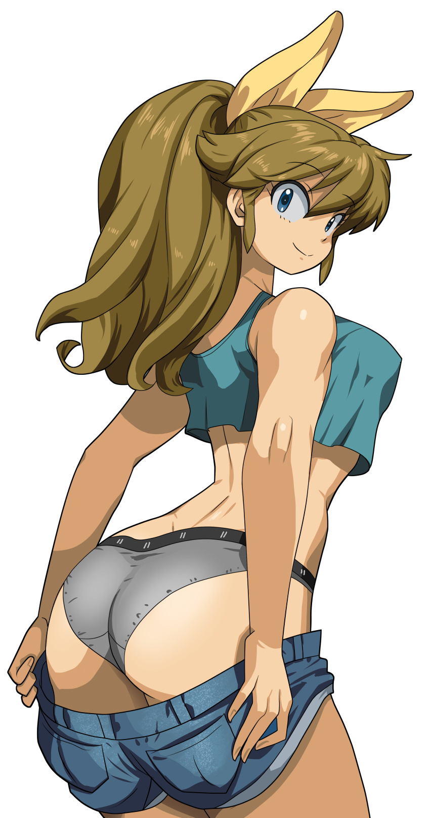 1girl absurdres ass blue_eyes brown_hair clothes_pull cowboy_shot crop_top crop_top_overhang crotch_seam cutoffs denim denim_shorts grey_panties hair_between_eyes highres long_hair looking_back m.u.g.e.n midriff oggy_(oggyoggy) original panties ponytail ryuko_(oggyoggy) short_shorts shorts shorts_pull smile solo sports_panties tank_top transparent_background underwear undressing variant_set