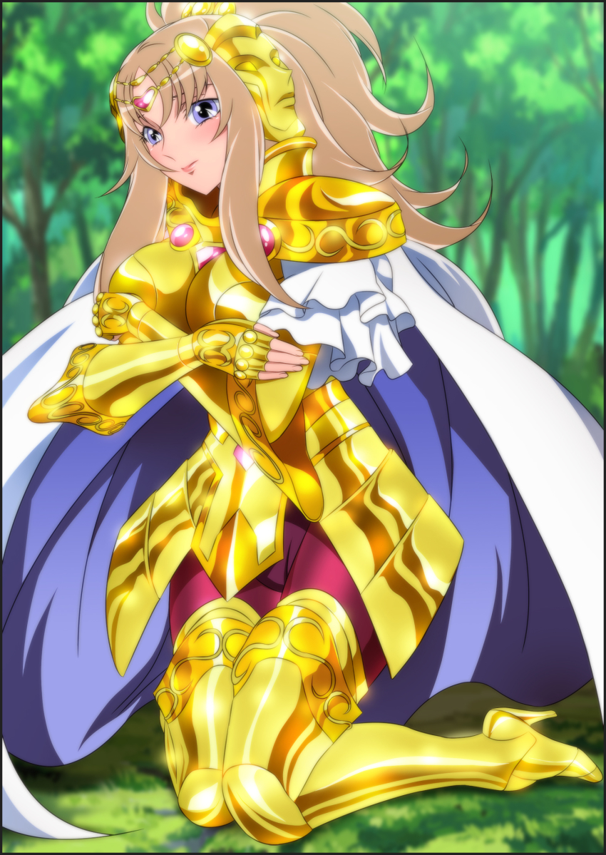 1girl aquila_yuna armor blonde_hair blue_eyes blush breasts cape cosplay covering_privates female_focus forest gemini_paradox grass high_heels highres kneeling large_breasts long_hair looking_at_viewer nature ponytail saint_seiya saint_seiya_omega shoes solo tree wavy_hair yadokari_genpachirou