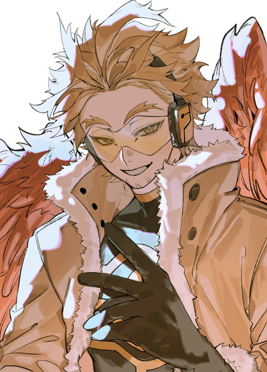 1boy black_gloves black_shirt blonde_hair boku_no_hero_academia commentary_request facial_hair feathered_wings feathers gloves grin hawks_(boku_no_hero_academia) headset highres ikaooi1 jacket male_focus mature_male open_clothes open_jacket red_feathers red_wings shirt smile spiked_hair stubble tinted_eyewear white_background wings yellow-tinted_eyewear yellow_eyes