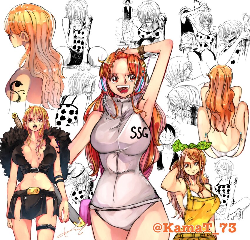 alternate_costume armlet belt bikini blood blood_on_shoulder bow bracelet braid breasts capelet cleavage crop_top crying fur-trimmed_capelet fur_trim hair_bow hat headphones heattech_leotard jewelry kamat_73 knife large_breasts leotard loincloth long_hair monkey_d._luffy multiple_views nami_(one_piece) nami_(one_piece)_(egghead) nami_(one_piece)_(elbaf) navel official_alternate_costume one_piece one_piece:_stampede open_mouth orange_hair overalls scabbard self-harm sheath short_hair shoulder_tattoo sleeveless sleeveless_leotard sleeveless_turtleneck_leotard smile straw_hat swimsuit sword sword_behind_back tattoo teeth thigh_belt thigh_strap weapon white_leotard