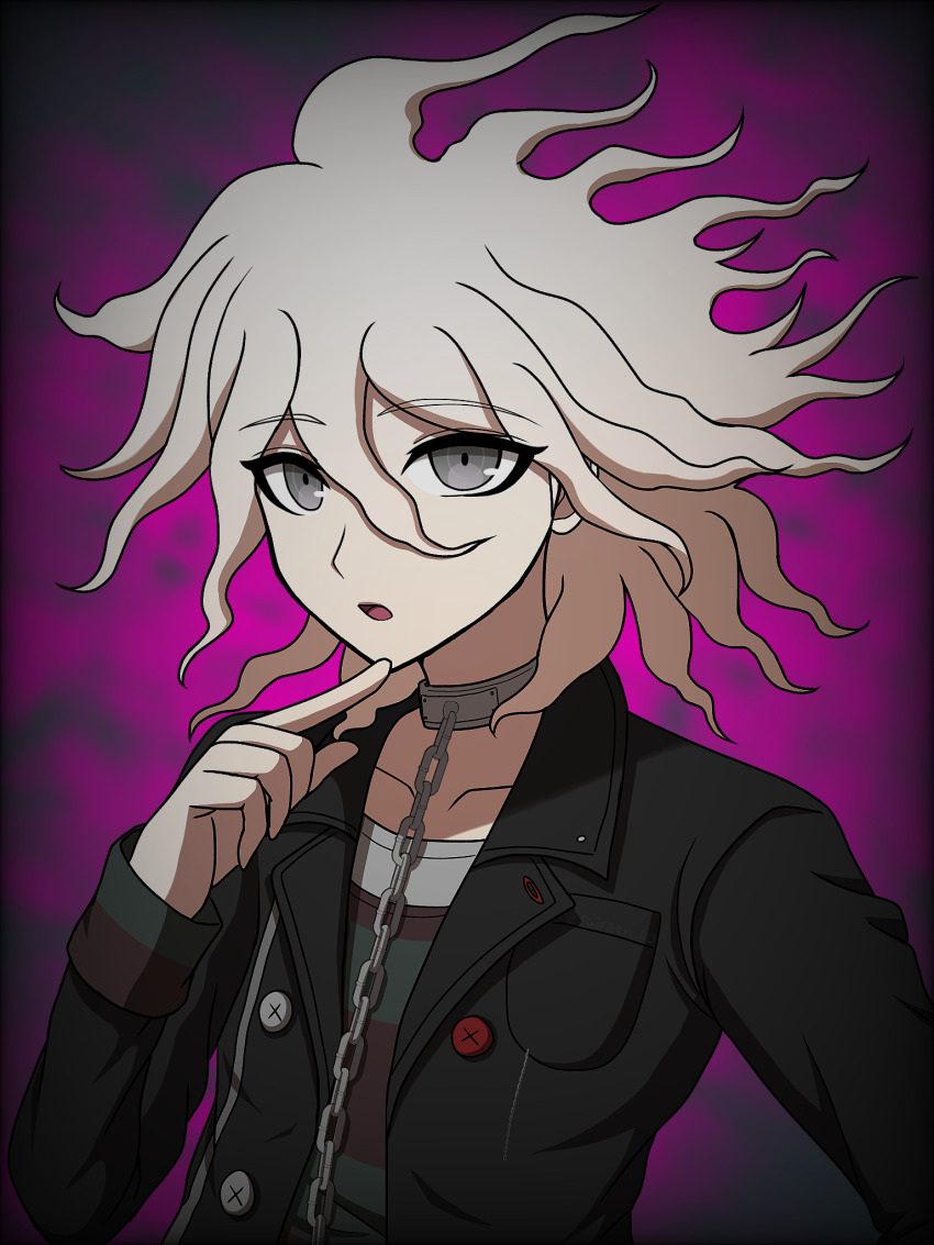 1boy :o black_jacket breast_pocket chain collar collarbone danganronpa_(series) danganronpa_2:_goodbye_despair danganronpa_another_episode:_ultra_despair_girls green_eyes grey_eyes grey_hair highres index_finger_raised jacket komaeda_nagito looking_at_viewer male_focus medium_hair messy_hair metal_collar open_clothes open_jacket pink_background pocket servant_(danganronpa) solo suiren_yurei upper_body