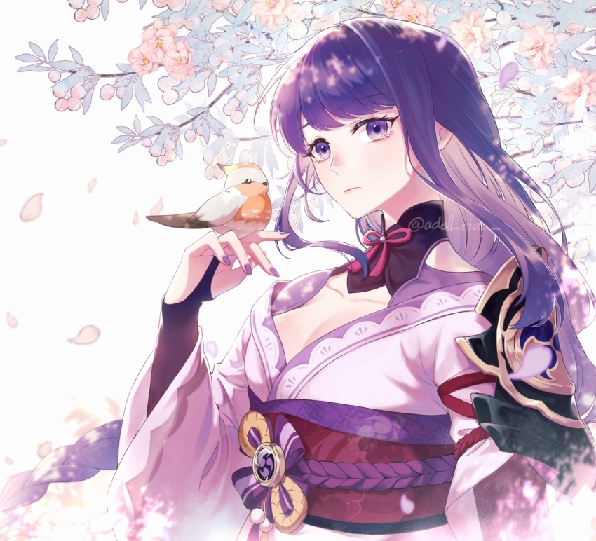 1girl bird bird_on_hand braid branch breasts bridal_gauntlets brill_p cleavage commentary falling_petals genshin_impact hand_up highres japanese_clothes kimono lipstick looking_at_viewer makeup medium_breasts nail_polish obi petals purple_eyes purple_hair purple_kimono purple_nails purple_rope raiden_shogun rope sash single_braid solo upper_body white_background