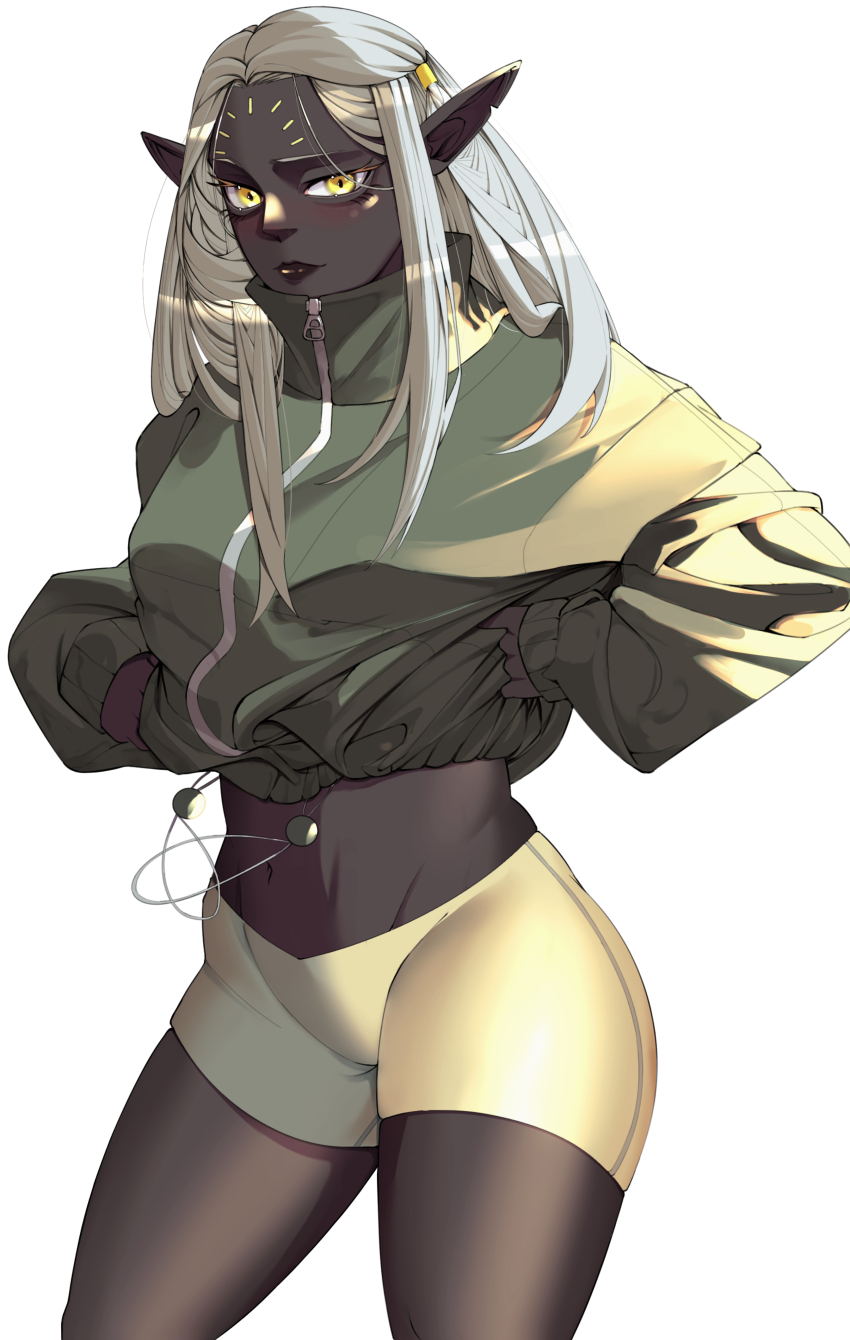 1girl absurdres black_skin blush breasts cithis clothes_lift colored_skin cowboy_shot dark-skinned_female dark_elf dark_skin dungeon_meshi elf facial_mark forehead_mark green_jacket hands_in_pockets highres jacket jobin_chan large_breasts lips long_hair long_sleeves looking_at_viewer makeup navel navel_piercing original panties piercing pointy_ears shorts simple_background solo thighs underwear very_dark_skin white_background white_hair white_shorts yellow_eyes zipper_pull_tab