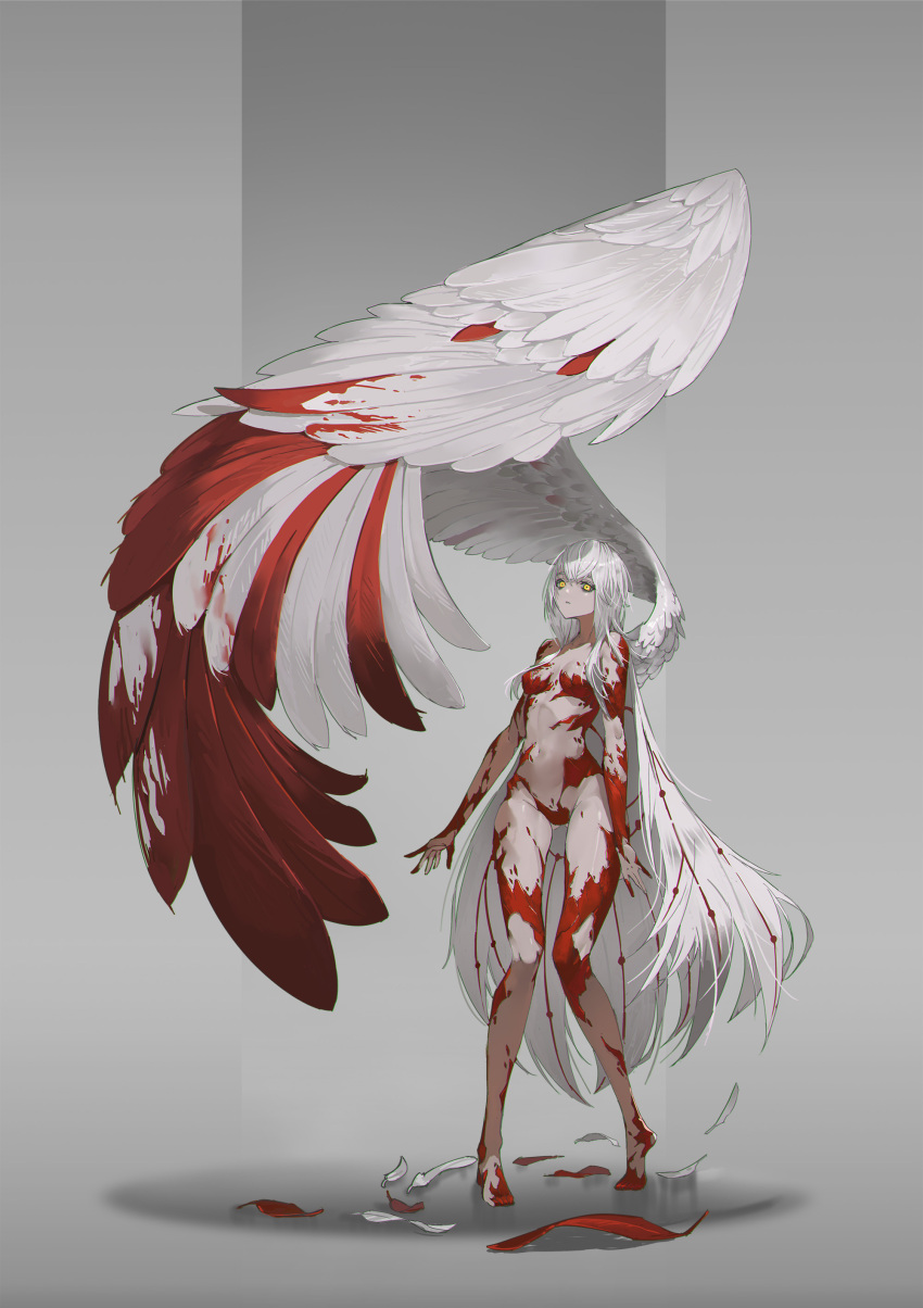 1girl absurdres blood bloody_wings breasts commentary feathered_wings feathers full_body gluteal_fold grey_background highres large_wings long_hair looking_at_viewer navel no_shoes original parted_lips single_wing small_breasts solo standing very_long_hair white_hair white_wings wings xleontan yellow_eyes