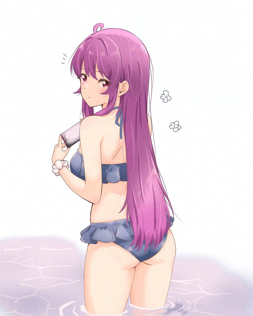 1girl ahoge ass back bikini blush closed_mouth commentary flower_symbol frilled_bikini frills grey_bikini highres hitorilily holding holding_phone long_hair looking_at_viewer looking_back notice_lines phone purple_eyes purple_hair shoulder_blades solo sugiura_ayano swimsuit very_long_hair wading white_background yuru_yuri