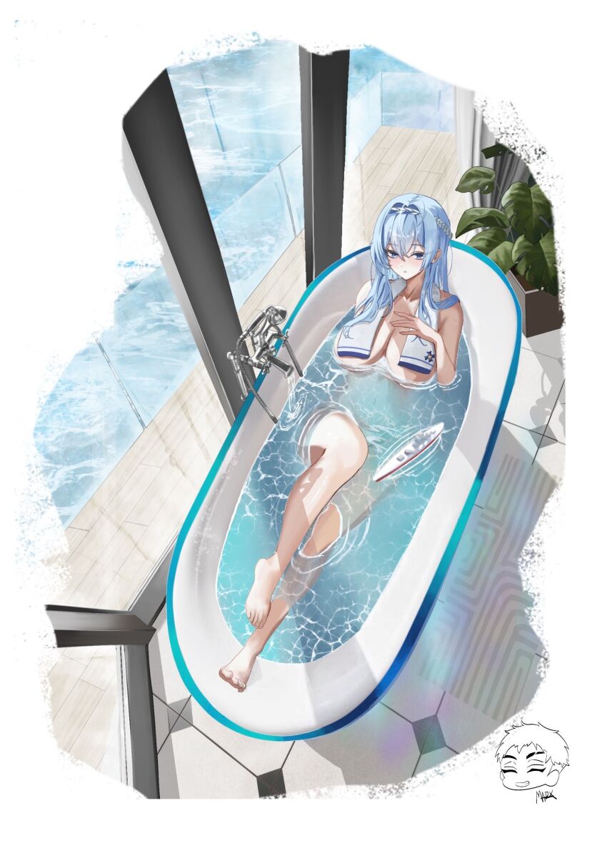 1girl absurdres bathtub blue_eyes blue_hair breasts danny_marx goddess_of_victory:_nikke hairband helm_(nikke) helm_(post-shower_moment)_(nikke) highres large_breasts long_hair official_alternate_costume solo towel towel_around_neck toy_ship wet white_background white_hairband