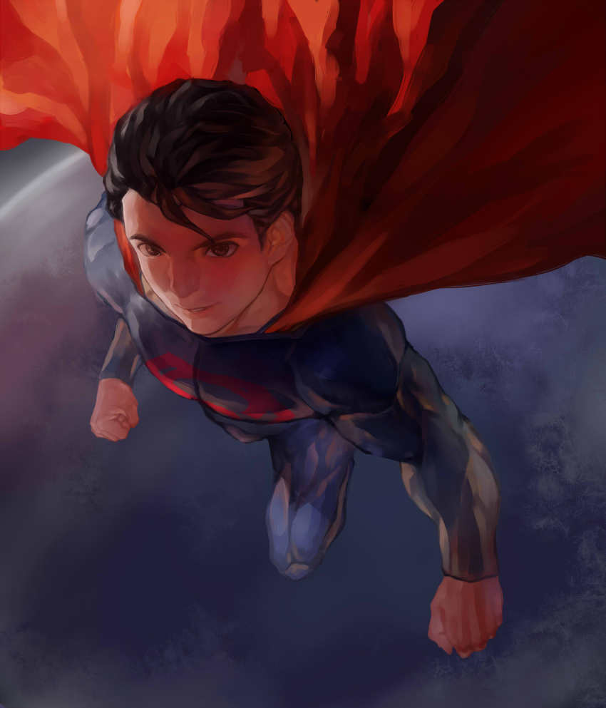 1boy absurdres blue_eyes bodysuit cape dc_comics flying highres kryptonian male_focus red_cape s_shield solo superman superman_(series)