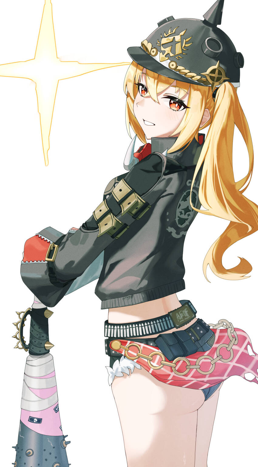 1girl absurdres ass black_jacket blonde_hair crop_top denim denim_shorts grin helmet highres jacket looking_at_viewer looking_back luciana_de_montefio orange_eyes short_shorts shorts smile solo spiked_bat standing twintails uuc_(yuyudanngo) white_background zenless_zone_zero