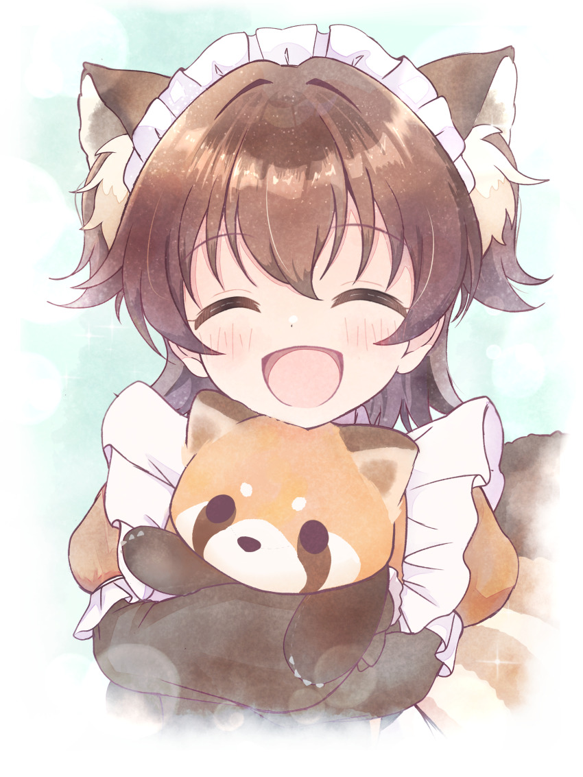 1girl absurdres akagi_miria animal_ears apron blue_background brown_eyes brown_hair child closed_eyes dot_nose frilled_apron frills highres idolmaster idolmaster_cinderella_girls maid maid_headdress red_panda red_panda_ears red_panda_tail short_hair simple_background user_ycgs4822