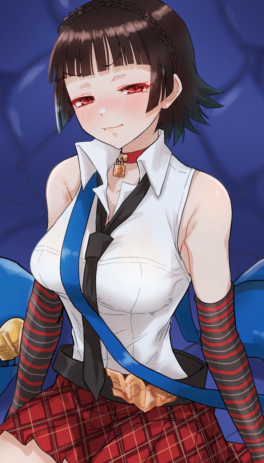 1girl arms_at_sides bare_shoulders black_necktie blouse blush braid breasts choker collared_shirt cosplay crown_braid gloves half-closed_eyes highres kurosususu marie_(persona_4) marie_(persona_4)_(cosplay) necktie niijima_makoto persona persona_4 persona_4_the_golden persona_5 plaid_clothes plaid_skirt pleated_skirt shirt skirt sleeveless sleeveless_shirt solo striped_clothes striped_gloves tagme taut_clothes taut_shirt wavy_mouth white_shirt