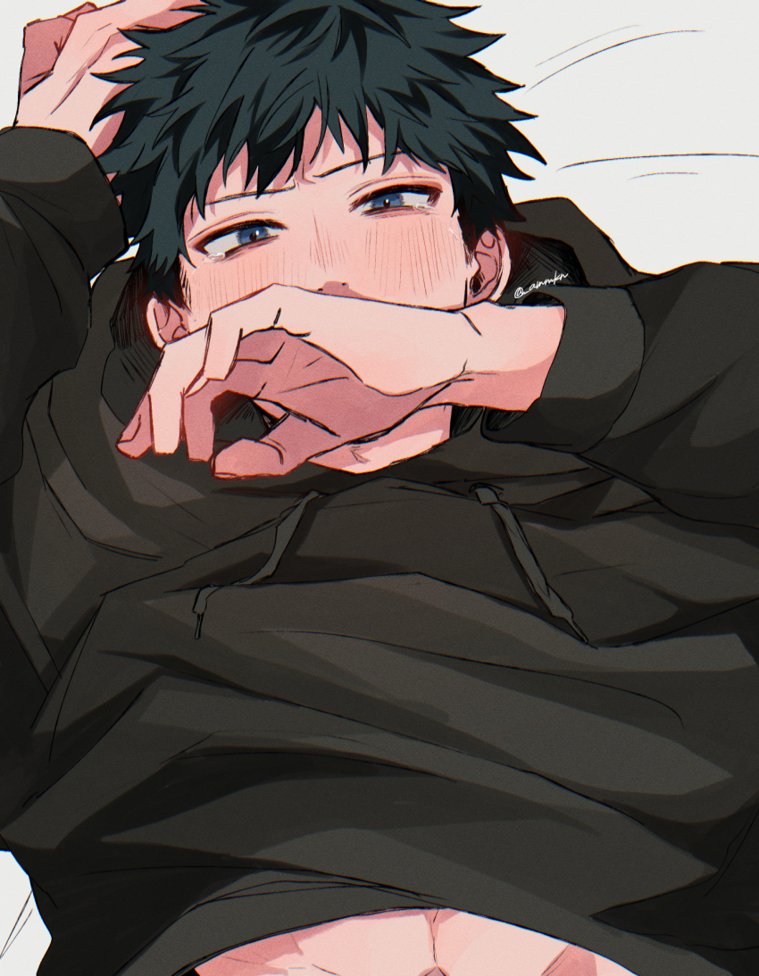 1boy abs ammkn artist_name bishounen black_hair black_hoodie blue_eyes blush clothes_lift covered_mouth given highres hood hoodie hoodie_lift long_sleeves looking_at_viewer lying male_focus on_back on_bed short_hair solo toned toned_male twitter_username uenoyama_ritsuka