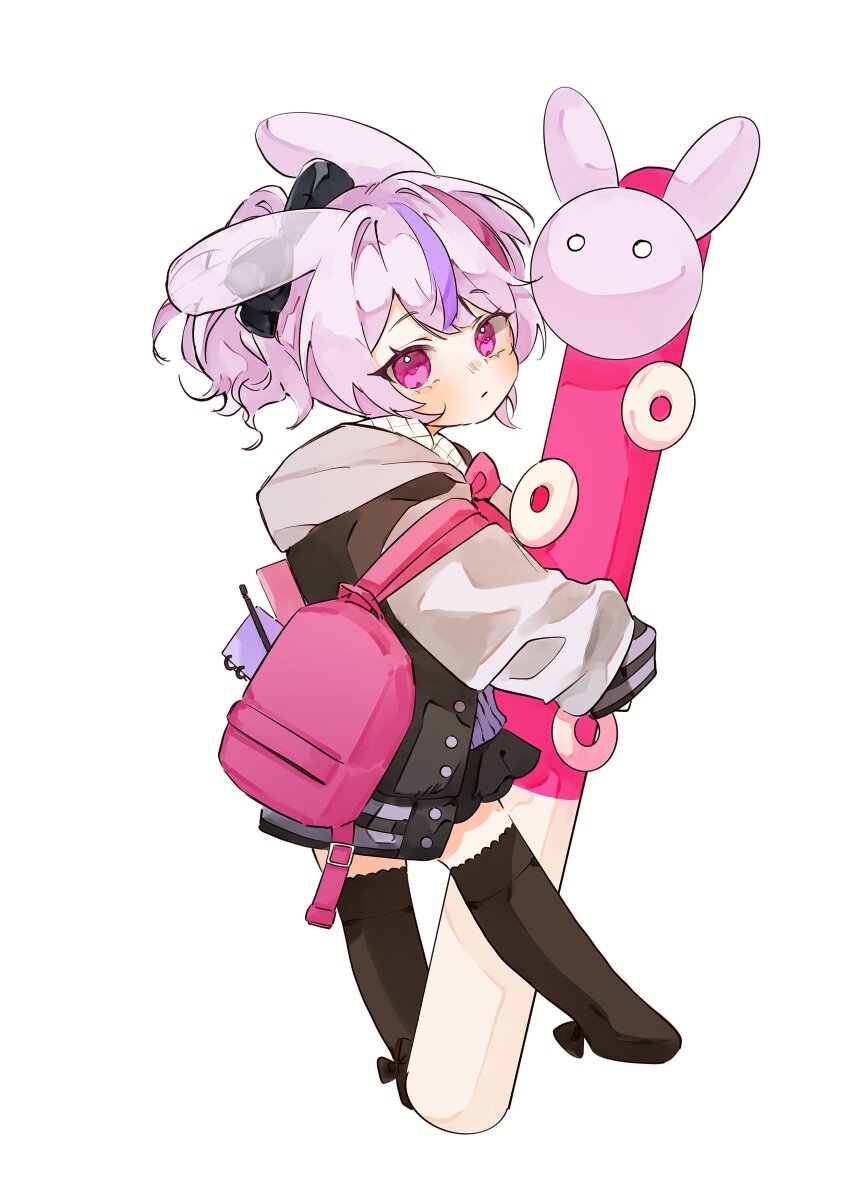 :/ absurdres animal_ears backpack bag black_skirt black_socks blush bow bow_legwear deformed hair_bow highres hood hoodie itsmeangge kneehighs looking_at_viewer maria_marionette mechanical_pencil multicolored_hair nijisanji nijisanji_en pencil pink_eyes pink_hair ponytail rabbit_ears simple_background skirt socks spiral_notebook streaked_hair virtual_youtuber white_background