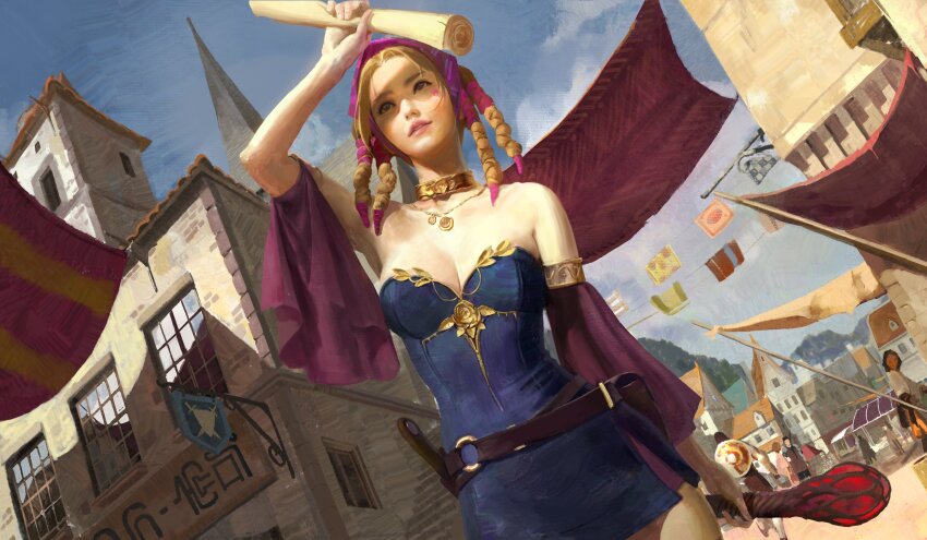 1girl 6+others absurdres arm_up armlet bare_shoulders belt blonde_hair blue_dress braid breasts brown_eyes building cleavage collar collarbone commentary dress dutch_angle english_commentary fantasy flower_ornament hair_ornament hairband highres holding holding_scroll holding_staff jewelry mage_staff medium_breasts medium_hair multiple_braids multiple_others necklace o-ring o-ring_belt original outdoors pink_hairband sangsoo_jeong scroll shaded_face sky staff star_on_cheek