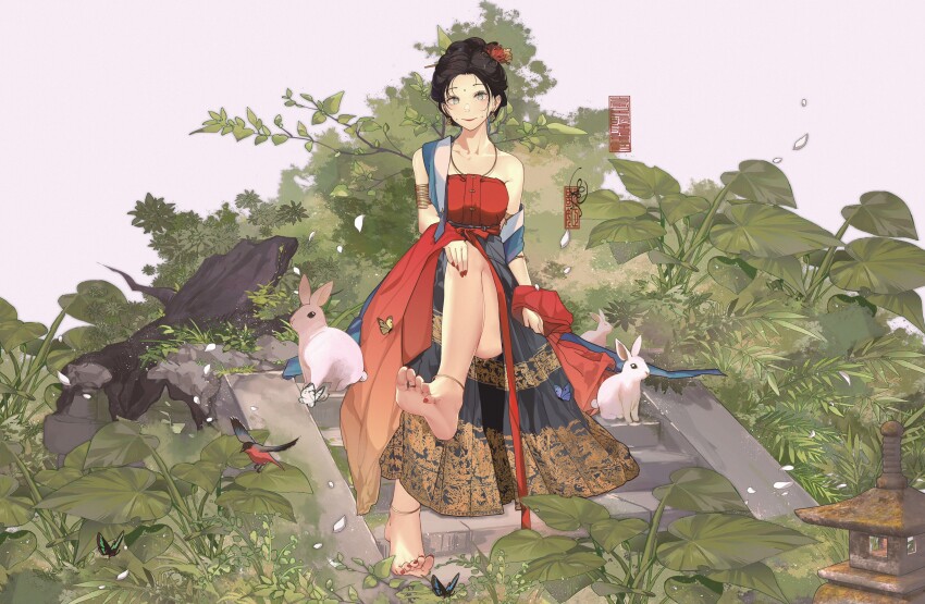 1girl absurdres anata_no_utahime_(lzr13708949567) armband barefoot bird bird_request black_hair black_skirt blue_eyes blue_shawl bug butterfly cheek_piercing chinese_clothes chinese_hairpin collarbone feet foot_focus full_body hanfu highres insect jewelry leaf looking_at_viewer mamianqun nature necklace original piercing pleated_skirt rabbit shawl sitting skirt soles toes white_rabbit_(animal) wrap_skirt