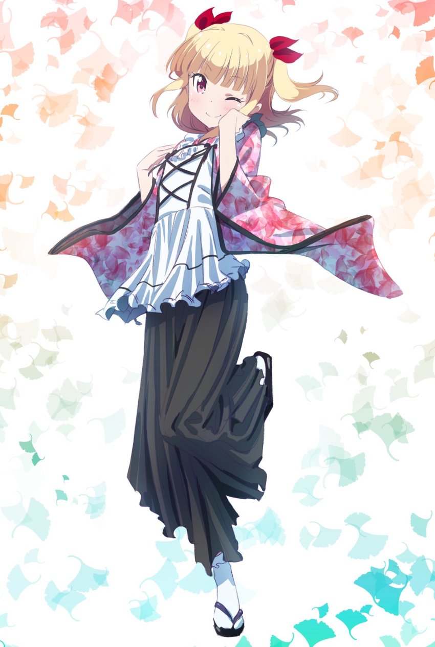 1girl ;d black_hakama blonde_hair blush floating_hair hair_ribbon hakama hakama_skirt highres iijima_yun japanese_clothes leg_up looking_at_viewer new_game! one_eye_closed open_mouth red_eyes red_ribbon ribbon shirt skirt smile solo standing standing_on_one_leg twintails two_side_up white_legwear white_shirt