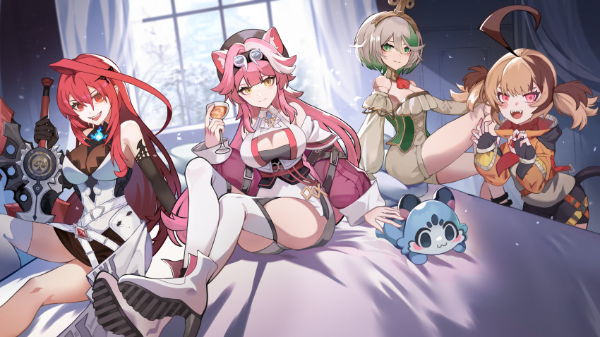 4girls ahoge animal_ear_fluff animal_ears ankle_boots bed_sheet bedroom black_tube_top blue_eyes blue_fire blue_hair boots breasts brown_hair cecilia_immergreen cecilia_immergreen_(1st_costume) chattino_(raora_panthera) cleavage colored_inner_hair cup currynoodle_art curtains detached_sleeves doll_joints dress drinking_glass elizabeth_rose_bloodflame elizabeth_rose_bloodflame_(1st_costume) fire gigi_murin gigi_murin_(1st_costume) gloves goggles green_eyes green_hair grey_hair hair_ornament hat high_heels highres holding holding_cup holding_weapon holojustice hololive hololive_english hood hoodie huge_ahoge joints large_breasts long_hair looking_at_viewer multicolored_hair multiple_girls open_mouth panther_ears panther_girl pink_hair raora_panthera raora_panthera_(1st_costume) red_eyes red_hair short_hair smile strapless streaked_hair teeth thighhighs tube_top two-tone_hair very_long_hair vest virtual_youtuber weapon white_dress white_footwear white_hair white_thighhighs white_vest wilted_ahoge winding_key window