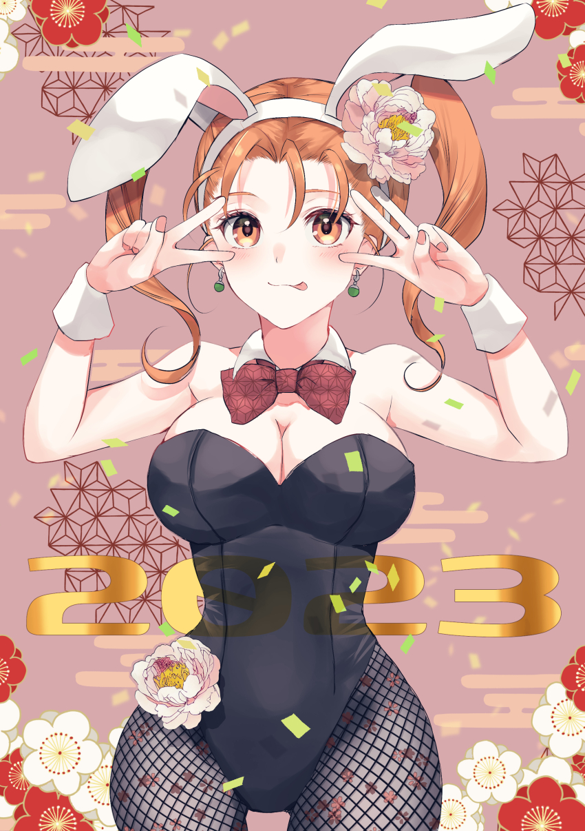 1girl 2023 absurdres animal_ears asa_no_ha_(pattern) bare_shoulders black_leotard bow bowtie breasts c-diamond chinese_zodiac cleavage commentary_request confetti cowboy_shot detached_collar dragon_quest dragon_quest_viii earrings egasumi fake_animal_ears fishnet_pantyhose fishnets floral_background floral_print flower hair_flower hair_ornament hair_tubes highres jessica_albert jewelry large_breasts leotard looking_at_viewer narrow_waist new_year orange_eyes orange_hair pantyhose peony_(flower) pink_background pink_flower playboy_bunny plum_blossom_print rabbit_ears red_bow red_bowtie smile solo sphere_earrings strapless strapless_leotard tongue tongue_out twintails v v_over_eye w w_over_eye wide_hips wrist_cuffs year_of_the_rabbit