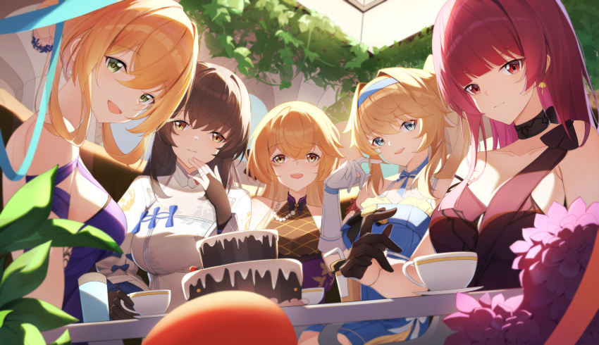 5girls absurdres armpit_crease black_gloves black_hair blonde_hair blue_dress blue_eyes braid braided_bun breasts bridal_gauntlets cake chinese_commentary choker closed_mouth collarbone commentary_request cup disposable_cup dress earrings evening_gown food girls&#039;_frontline girls&#039;_frontline_2:_exilium gloves green_eyes groza_(girls&#039;_frontline_2) hair_bun high_ponytail highres ivy jewelry large_breasts long_hair looking_at_viewer makiatto_(girls&#039;_frontline_2) medium_breasts medium_hair multiple_girls necklace official_alternate_costume open_mouth orange_hair ots-14_(girls&#039;_frontline) pearl_necklace ponytail pov purple_dress purple_hair red_eyes ribbon_choker ring saucer sitting smile springfield_(girls&#039;_frontline) table teacup type_95_(girls&#039;_frontline) type_95_(narcissus)_(girls&#039;_frontline) vepley_(girls&#039;_frontline_2) vepley_(summer_echoes)_(girls&#039;_frontline_2) wa2000_(ballroom_interlude)_(girls&#039;_frontline) wa2000_(girls&#039;_frontline) wan3051 wedding_ring white_dress white_gloves yellow_eyes