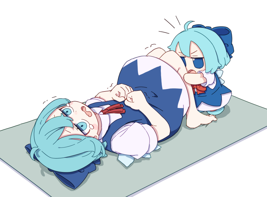 2girls absurdres ahoge barefoot blue_bow blue_dress blue_eyes blue_footwear blue_hair blush_stickers bow bowtie cirno collared_shirt commentary_request dress full_body fumo_(doll) hair_bow hands_on_own_stomach highres ice ice_wings kame_(kamepan44231) knees_up lying multiple_girls neck_ribbon on_back open_mouth pinafore_dress red_bow red_bowtie red_ribbon ribbon shirt short_hair short_sleeves simple_background sleeveless sleeveless_dress standing tears touhou trembling wavy_mouth white_background white_shirt wings