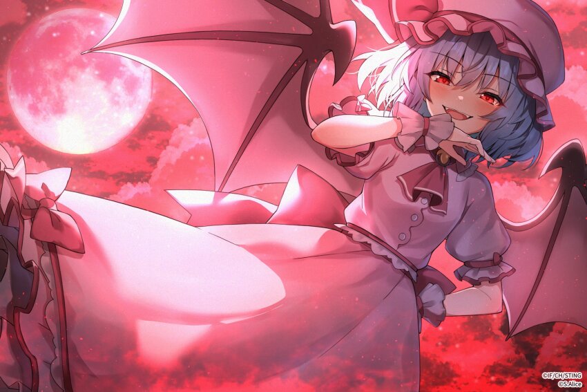 1girl ascot bat_wings blue_hair bow brooch dfra full_moon hair_between_eyes hat hat_ribbon highres jewelry looking_at_viewer mob_cap moon open_mouth pink_hat pink_shirt pink_skirt red_ascot red_bow red_eyes red_ribbon red_sky remilia_scarlet ribbon shirt short_hair skirt skirt_set sky solo touhou wings wrist_cuffs