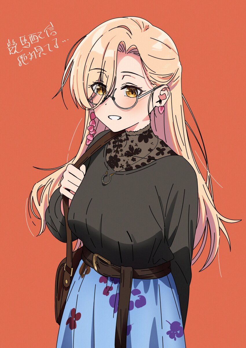 1girl absurdres bad_id bad_twitter_id belt black_shirt blonde_hair breasts brown_bag brown_belt cowboy_shot floral_print glasses hair_between_eyes hand_up highres holding_strap inactive_account kerorira large_breasts long_hair long_sleeves looking_at_viewer nijisanji nui_sociere nui_sociere_(4th_costume) official_alternate_costume open_mouth orange_background shirt simple_background smile solo translation_request virtual_youtuber yellow_eyes